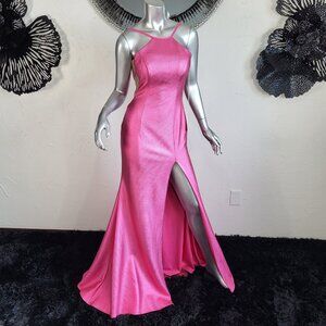NWT~$530~JOVANI~SZ 2~HOT PINK SIDE SLIT BACKLESS PROM EVENING GOWN HALTER DRESS